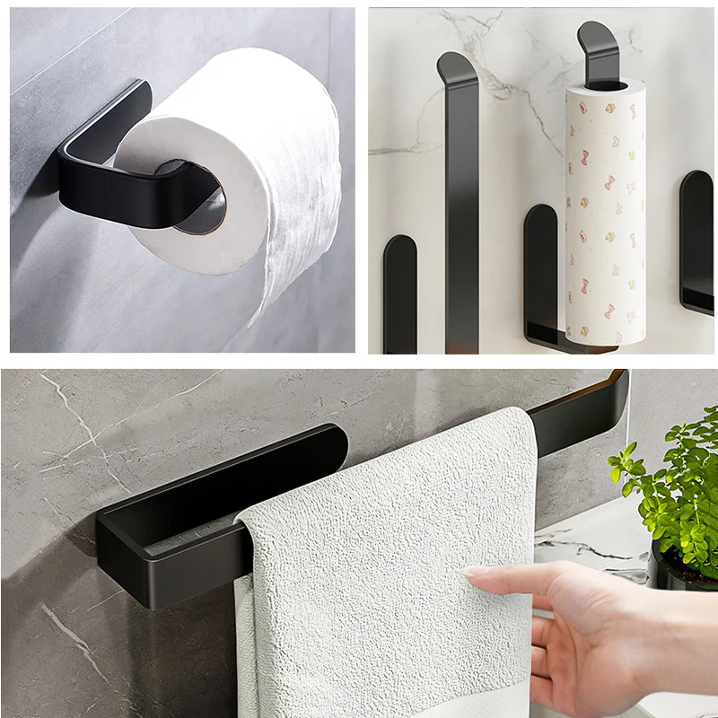 Tissue Holder Toilet Paper Holder Stand Towel Rack Acrylic Wall-Mounted Bathroom Shelf Kitchen Roll Paper Stand Black Hanger