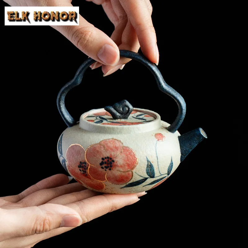 

150ml Hand-painted Peach Blossom Lifting Handle Teapot Boutique Tea Infuser Pot Tea Maker Kettle With Strainer For Tea Ornaments
