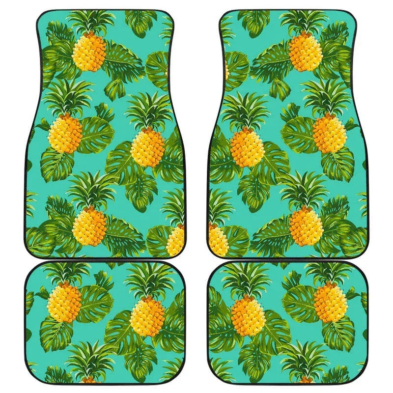 Palm Leaf Pineapple Pattern Print Front and Back Car Floor Mats Heavy Carpet Front and Rear Full Set 4PCs Pack