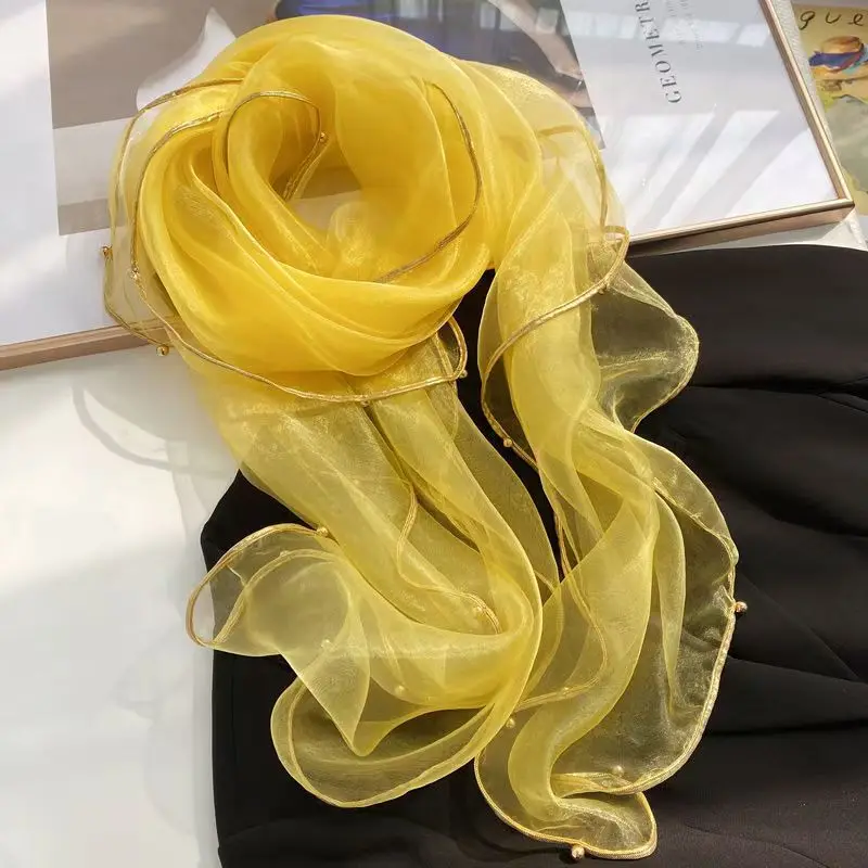

Spring Summer New Organza Beaded Thin Scarf Women Solid Color Vacation Sunscreen Dust Proof Shawl Keep Warm Decorative Scarf