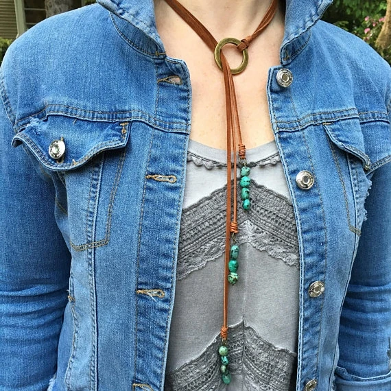 3-strand boho brass and leather lasso necklace with turquoise beads necklace