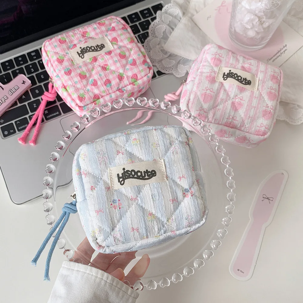 Sweet Cartoon Strawberry Square Bow Makeup Bag Cute Girl Portable Travel Large Capacity Storage Headphone Bag Women's Gift