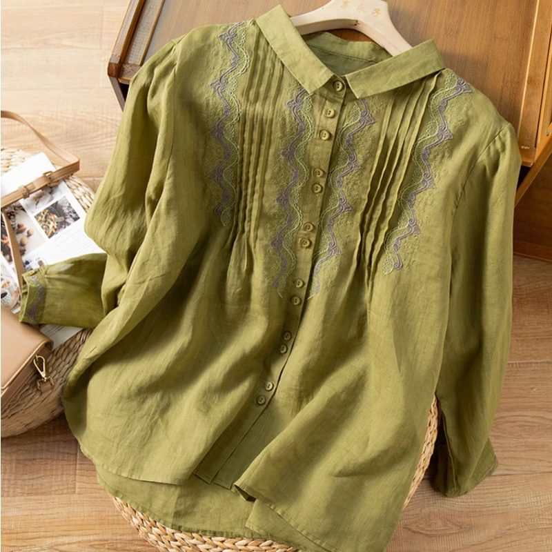 Cotton Linen Shirt for Women Summer 2023 New In Embroidery Vintage Blouses Loose Long Sleeve Top Turn-down Collar