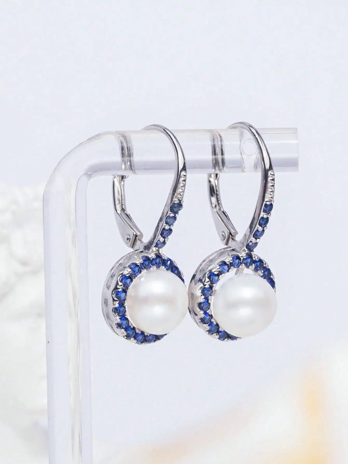 925 Sterling Silver Natural Freshwater Cultured Pearl Sapphire Leverback Earrings For Women Elegant Fine Party Jewelry Gift