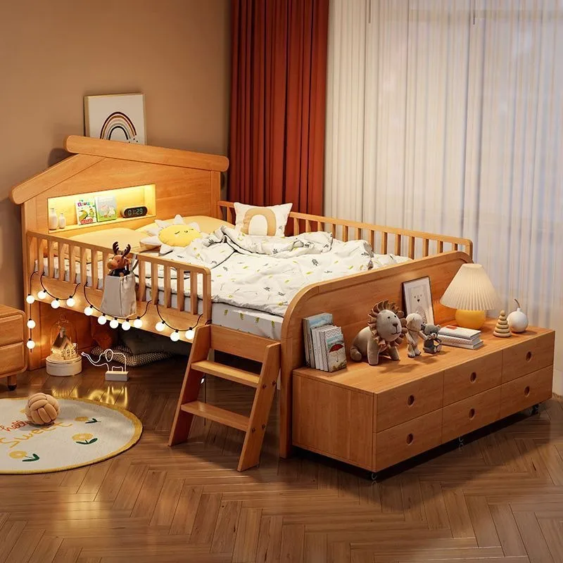 

Children's Solid Wood Bed Boys and Girls Beech Half-height Bed 1.2 Meters 1.5 Guardrail Single Bed Multi-function