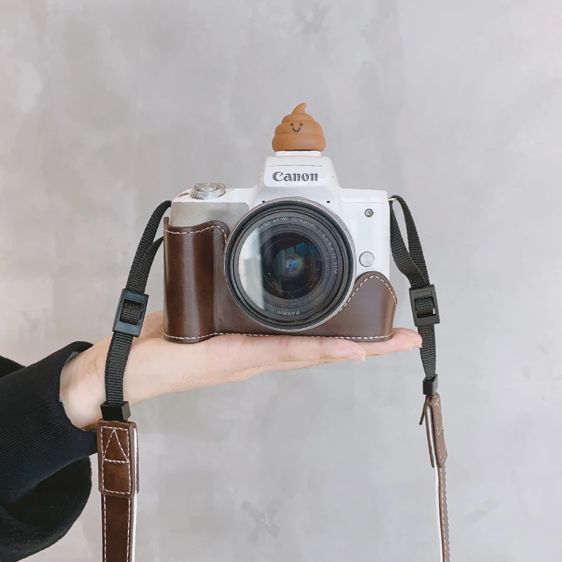 حافظة كاميرا لكاميرا Canon M50 PU قاعدة كاميرا جلدية نصف حافظة مع حزام كتف حقيبة واقية للمعصم زر فتح 1/4 برغي