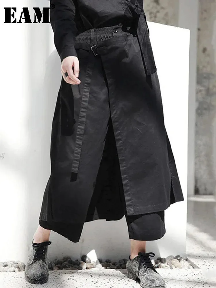 [EAM] High Elastic Waist Black Irregular Bandage Wide Leg Pants New Loose Fit Trousers Women Fashion Spring Autumn 2025 JI0840