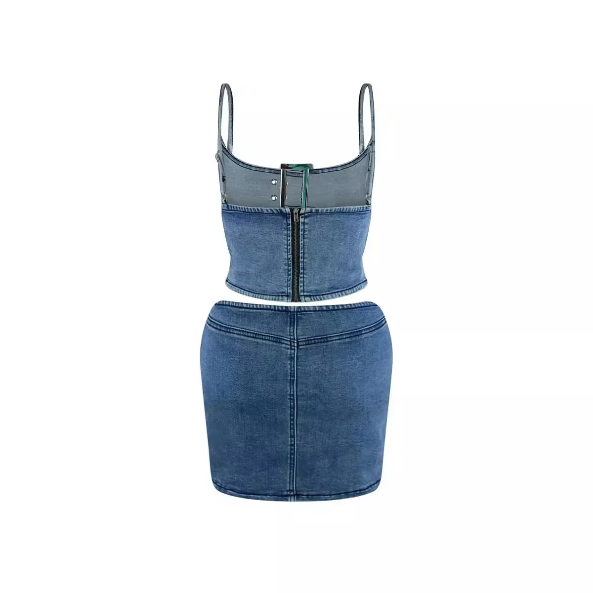 Two Piece Set Women Sexy Ensemble Adjustable Buckle Elastic Halter Short Top Package Hip Skirt Casual Denim Suit Skirts Outfits