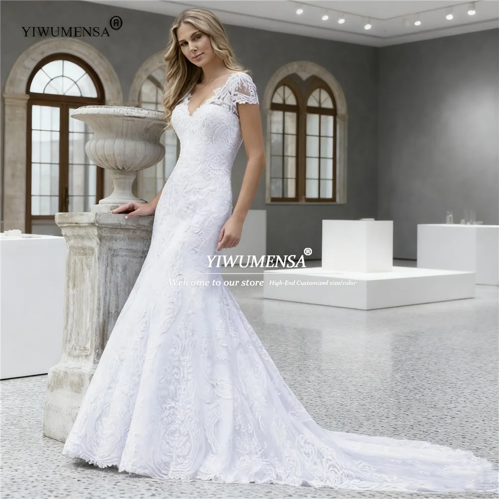 

Элегантные свадебные платья с v-образным вырезом и кружевной аппликацией для невесты, свадебные платья русалки с короткими рукавами, женская одежда для приема по индивидуальному заказу