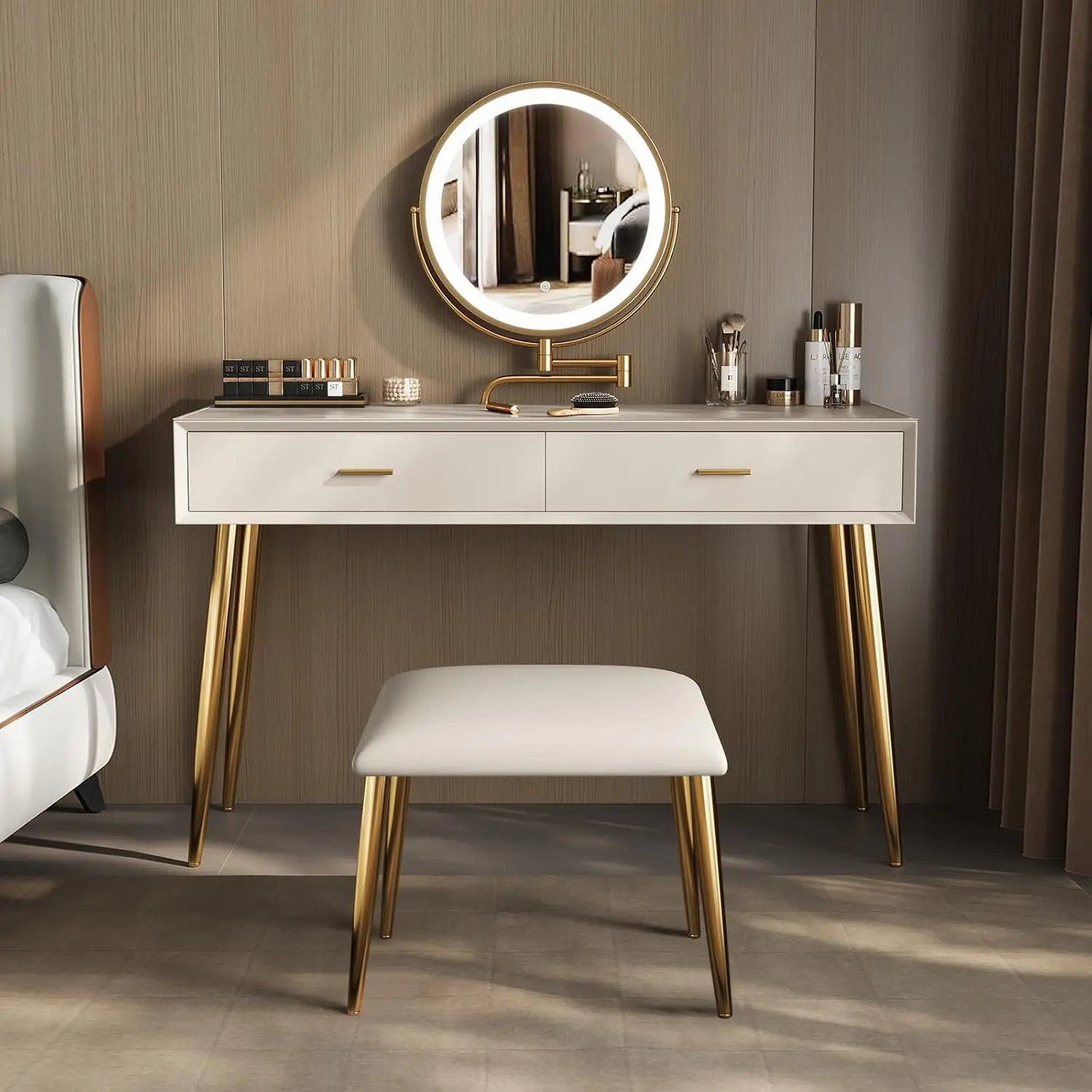 Vanity Desk Set with 360° Rotating Mirror and Lights, Small Makeup Vanity with Microfiber Leather, Vanity Table with 2 Drawers,