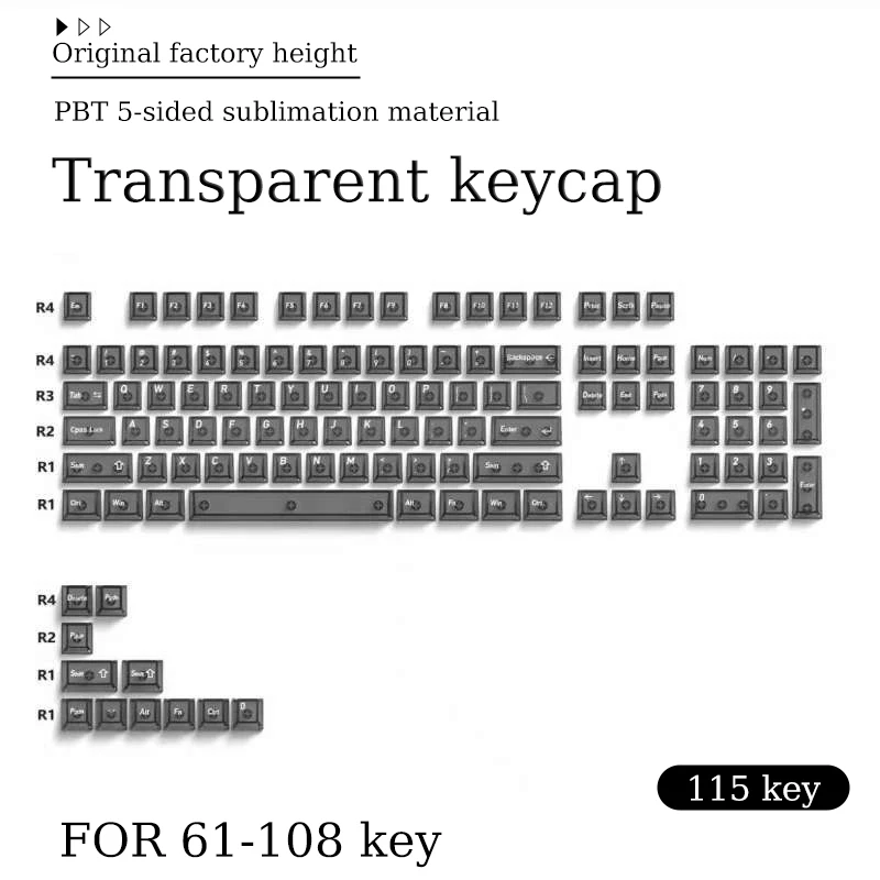 Fully transparent keycap with original factory height of 115 keys, made of PC material, compatible with mechanical magnetic axis