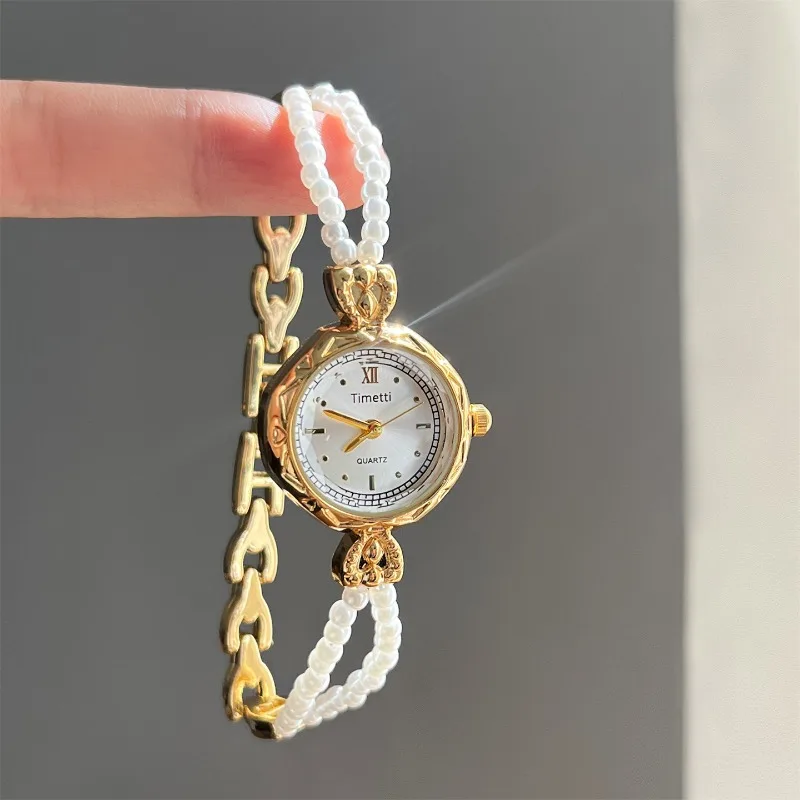 Hot Selling Women's Gold Plated Quartz Watch Luxury Pearl Strap Wristwatch for Ladies Relógio Feminino Dropshipping Student Gift