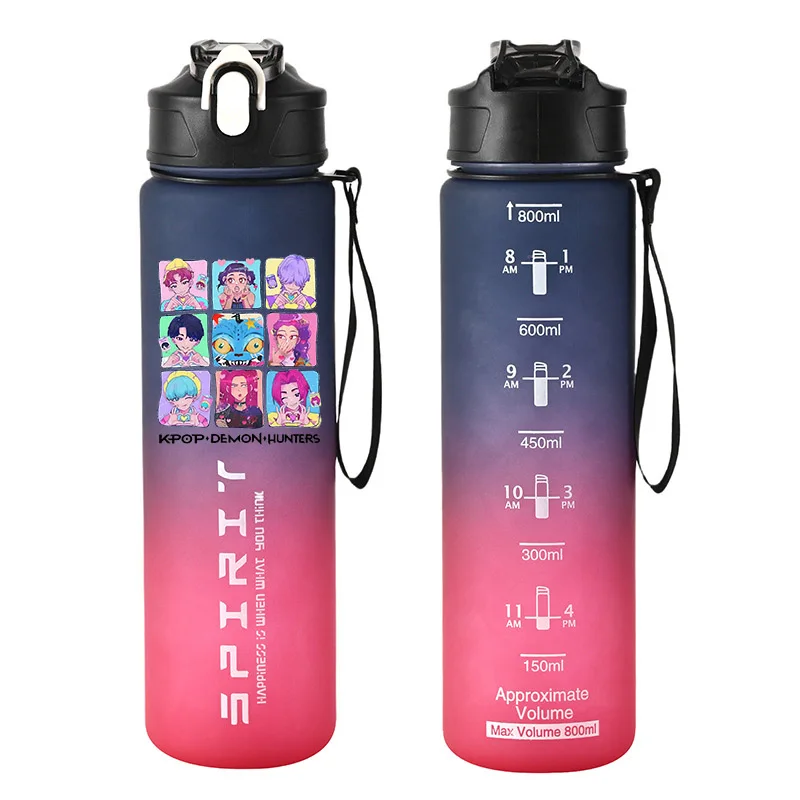 Butelki na wodę 800ml Kpop Demon Hunters dla dziewczyn i chłopców, na zewnątrz, anime, przenośne, duże kubki do picia ze słomką, sportowe butelki z kreskówkami.