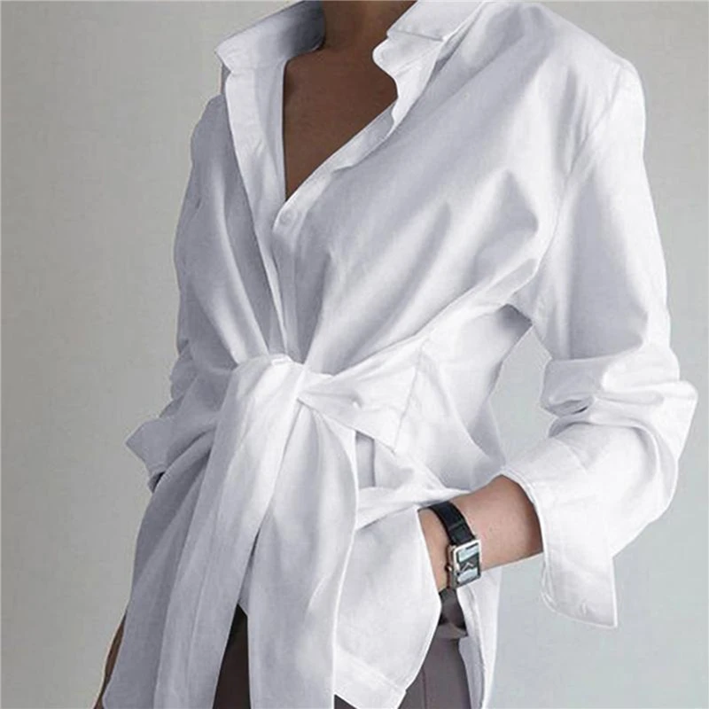 Women Blouses Elegant Streetwear OL Tops Casual Loose Button Up White Blue Long Sleeve Vintage Oversize Shirt Tops