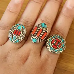 RG368 Ethnic Tibetan Rings Copper Inlaid Turquoises Coral Round or Oval Woman Open Back Adjustable Ring