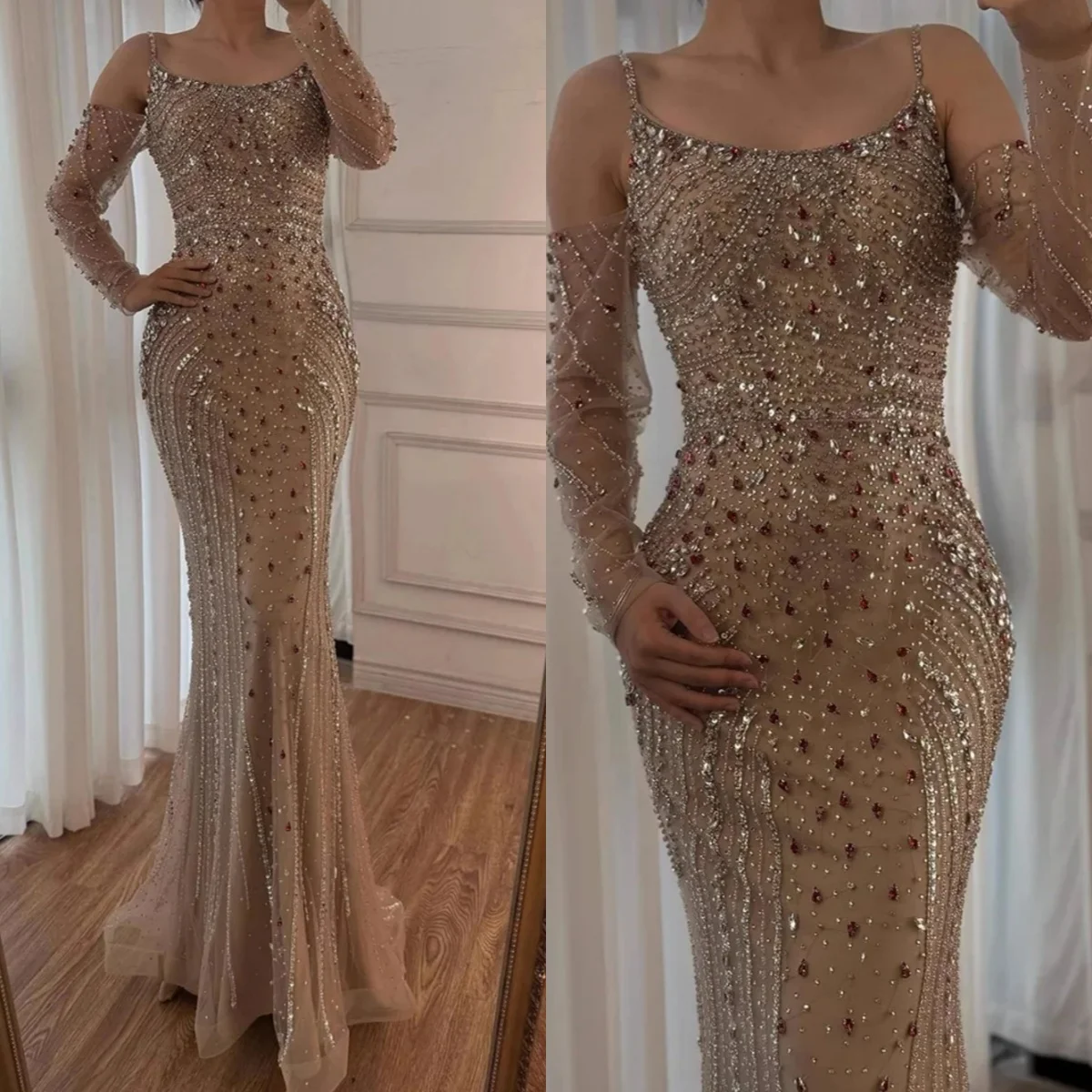 Designer Meerjungfrau Abendkleid Kristall Spaghettiträger Ballkleider Perlen Langarm Bodenlangen Partykleider Maßgeschneidert
