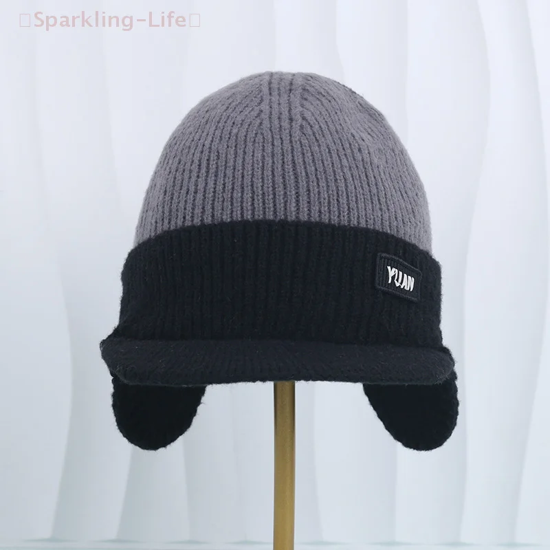 

【JYA1】Универсальная ветрозащитная вязаная бейсболка с защитой ушей, повседневная двухцветная зимняя теплая вязаная шапка-бини, уличная шапка