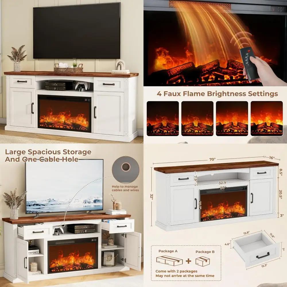 

70 Electric Fireplace TV Stand for 80 TVs, 32 Tall Entertainment Center with Rustic Style