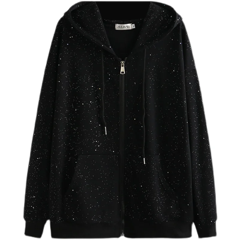 Korean Style Loose Rhinestone Black Long Sleeve Casual Top Women 2023 Spring Autumn New Hooded Zipper Sweatshirt Coat Female