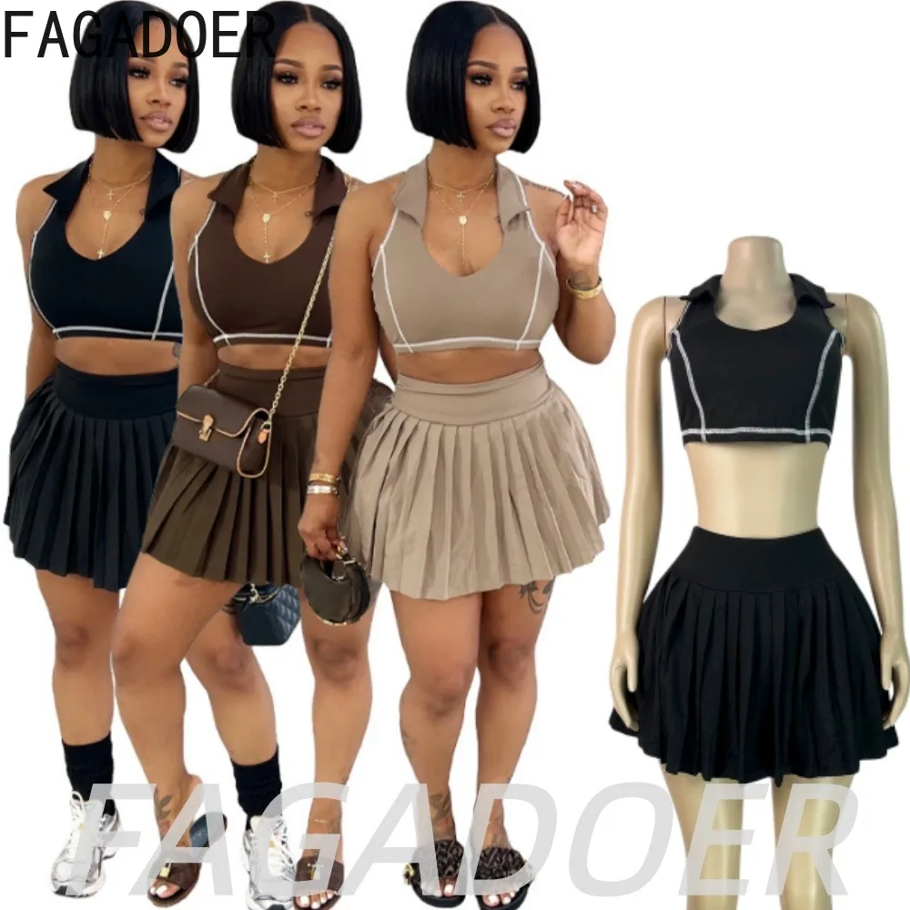 

FAGADOER Casual Mini Skirts 2 Piece Sets Y2K Summer Women White Patchwork Crop Top and High Waist Pleated Skirt Suits Streetwear