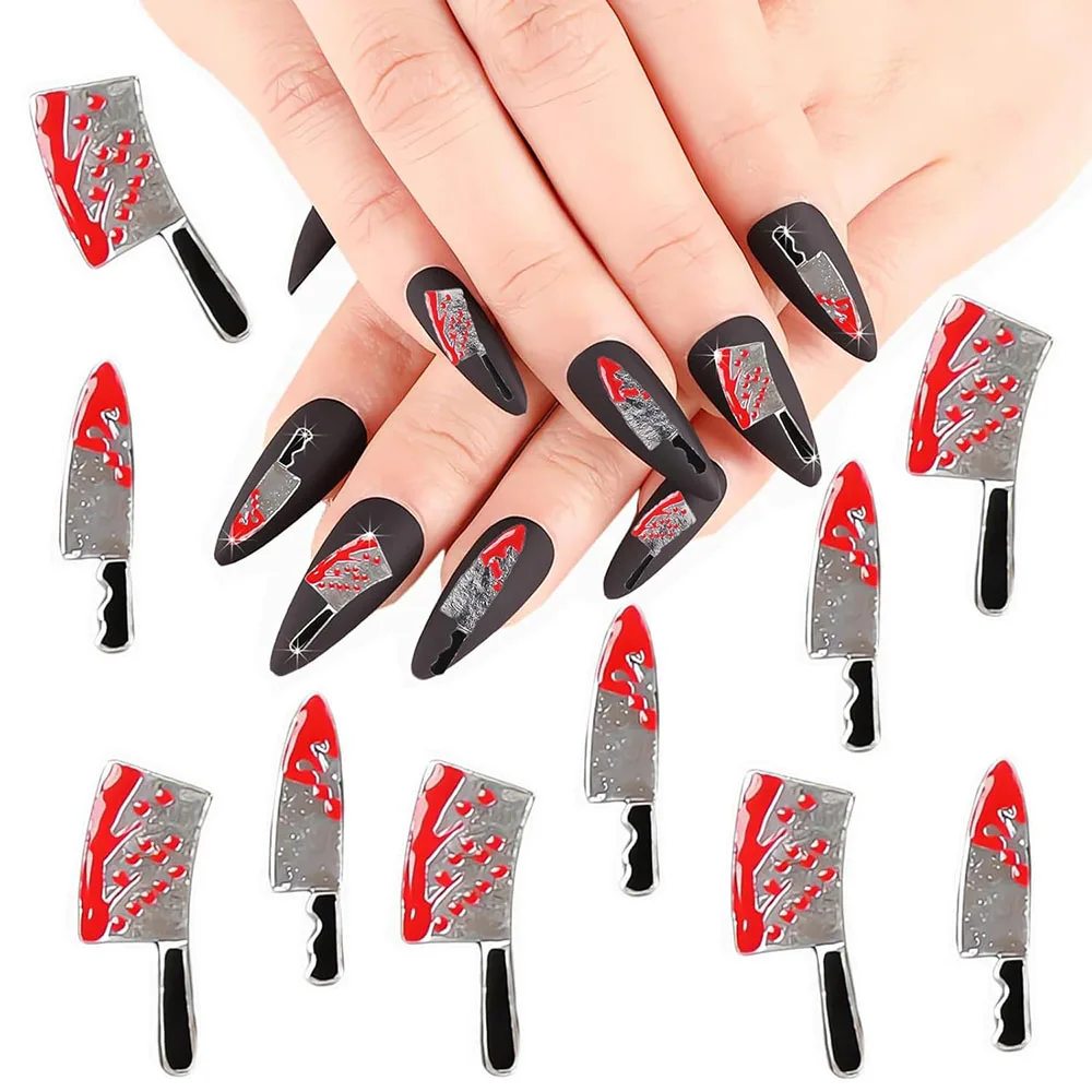 20pcs Alloy Halloween Blood Nail Charms Horror Silver Red Knife Nail Gems 3D Metallic Bloody Knife Manicure Metallic Parts