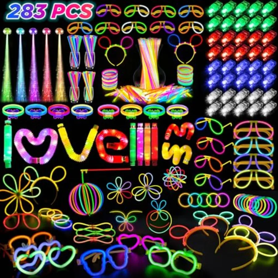 

Party plies, Glow in the Dark Party Favors for Adults,27 Carnival Accories, 56 LED Light Up Toys Bulk, 100 Glow Sticks Party Pa