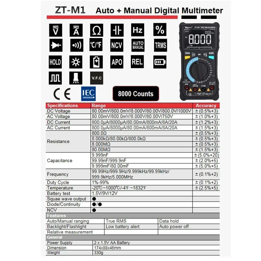 

ZOYI M1 Professional Digital Multimeter 8000 CountsTrue RMS Multimetro Auto Voltmeter VFC Resistance Handhold Transistor Testers