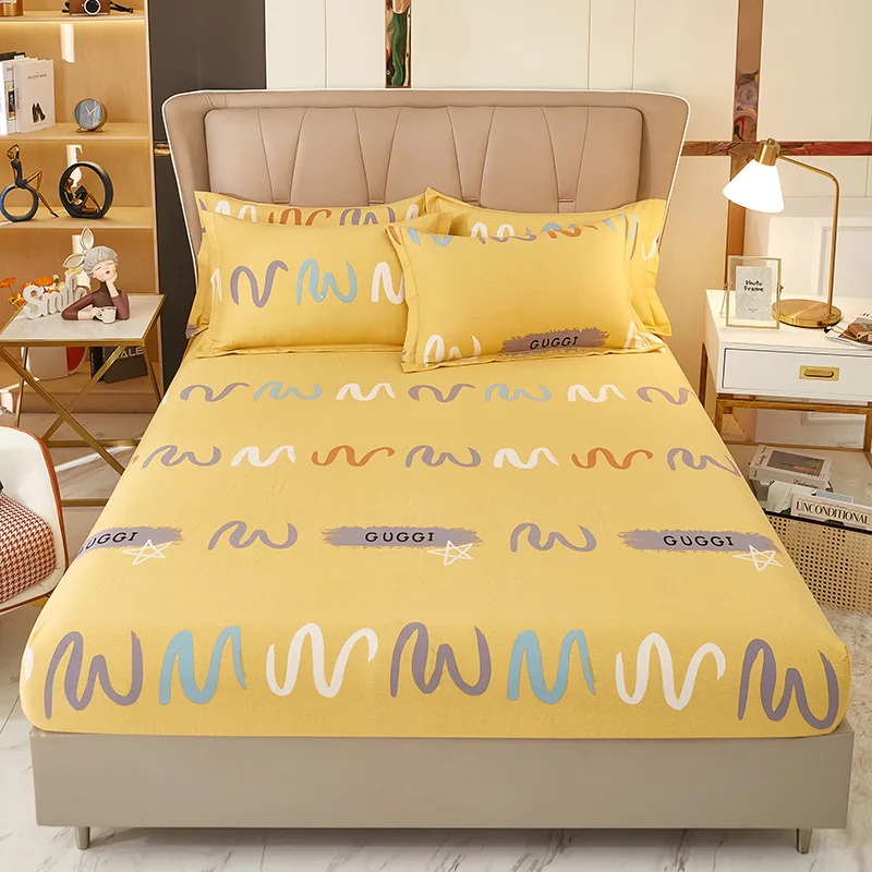 Graffiti Fitted Sheet Abstract Lines Geometric Bedding Set Modern Artwork Hand Painted Mattress Cover Yellow Cotton Bed Sheet