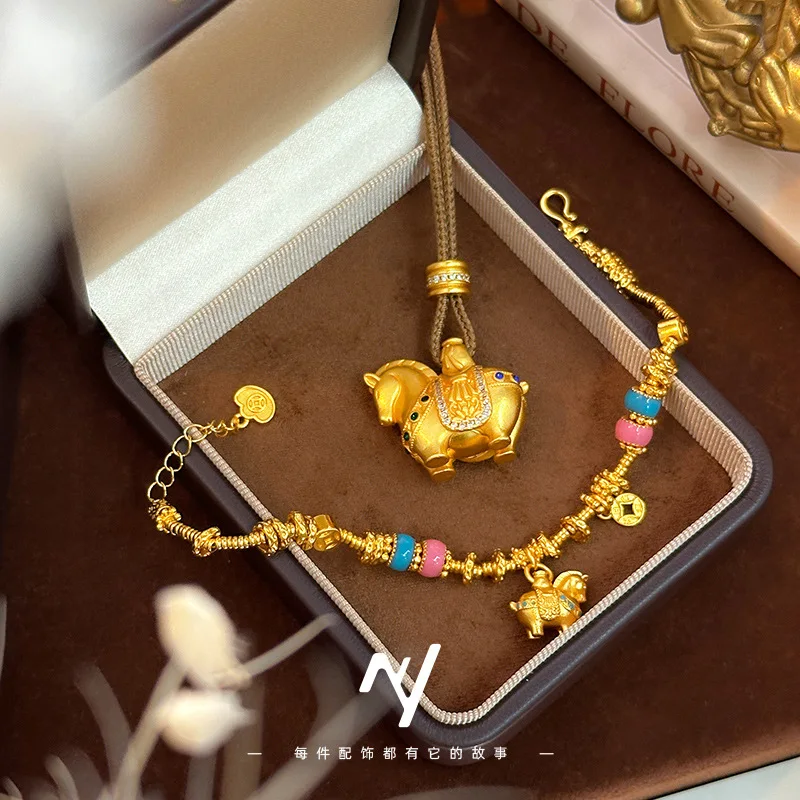 2026 Year of the Horse Cute Chubby Tang Zodiac Horse Enamel Sand Gold Wealth Bringing Spinner Ring Lucky Coiled Bracelet for Wom