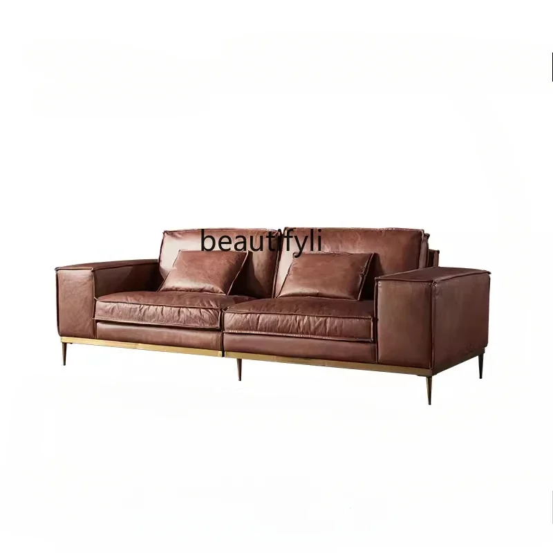 All leather sofa oil wax leather three-person living room modern retro designer light luxury sofa