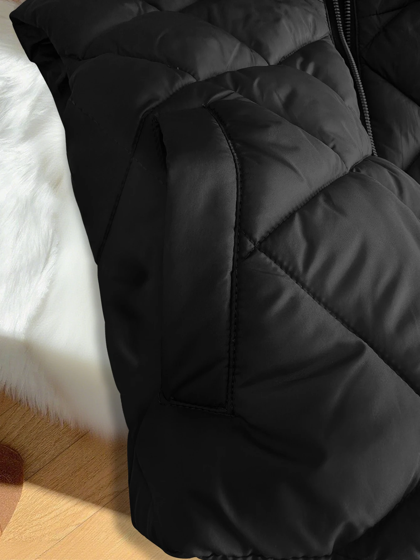 سترة نسائية بغطاء للرأس شتوية بسحاب خفيفة الوزن بدون أكمام ملابس خارجية دافئة معطف مبطن باللون الأسود #4