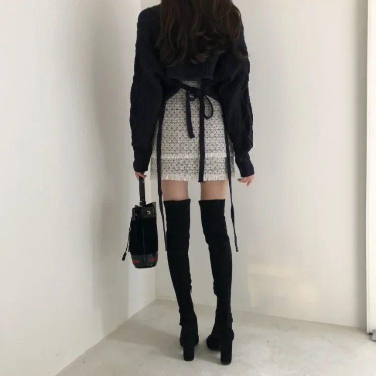 Autumn New V-neck Slim Fit Sweaters Mujer Harajuku E-Girl Back Lace Up Knitted Pullover Y2k Grunge Long Sleeve Tops Women