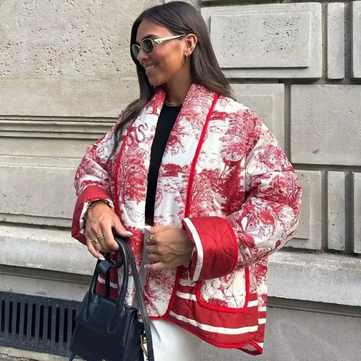 

Женская хлопковая куртка с трансграничным принтом и двойными кетми, весна 2026, длинная сверовая длина, без бренда