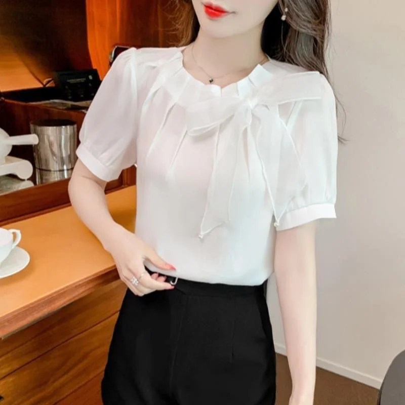 3XL Women Spring Summer Blouses Shirts Lady Fashion Casual Short Sleeve Bow Collar Clothing Solid Color Blusas Tops TT0797