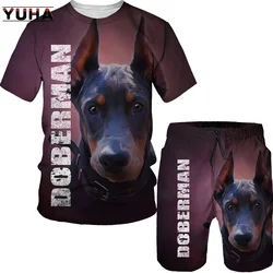 YUHA, летняя футболка Doberman с 3D принтом и мужские футболки, шорты, модная спортивная одежда, спортивный костюм с круглым вырезом и коротким рукавом, мужская одежда