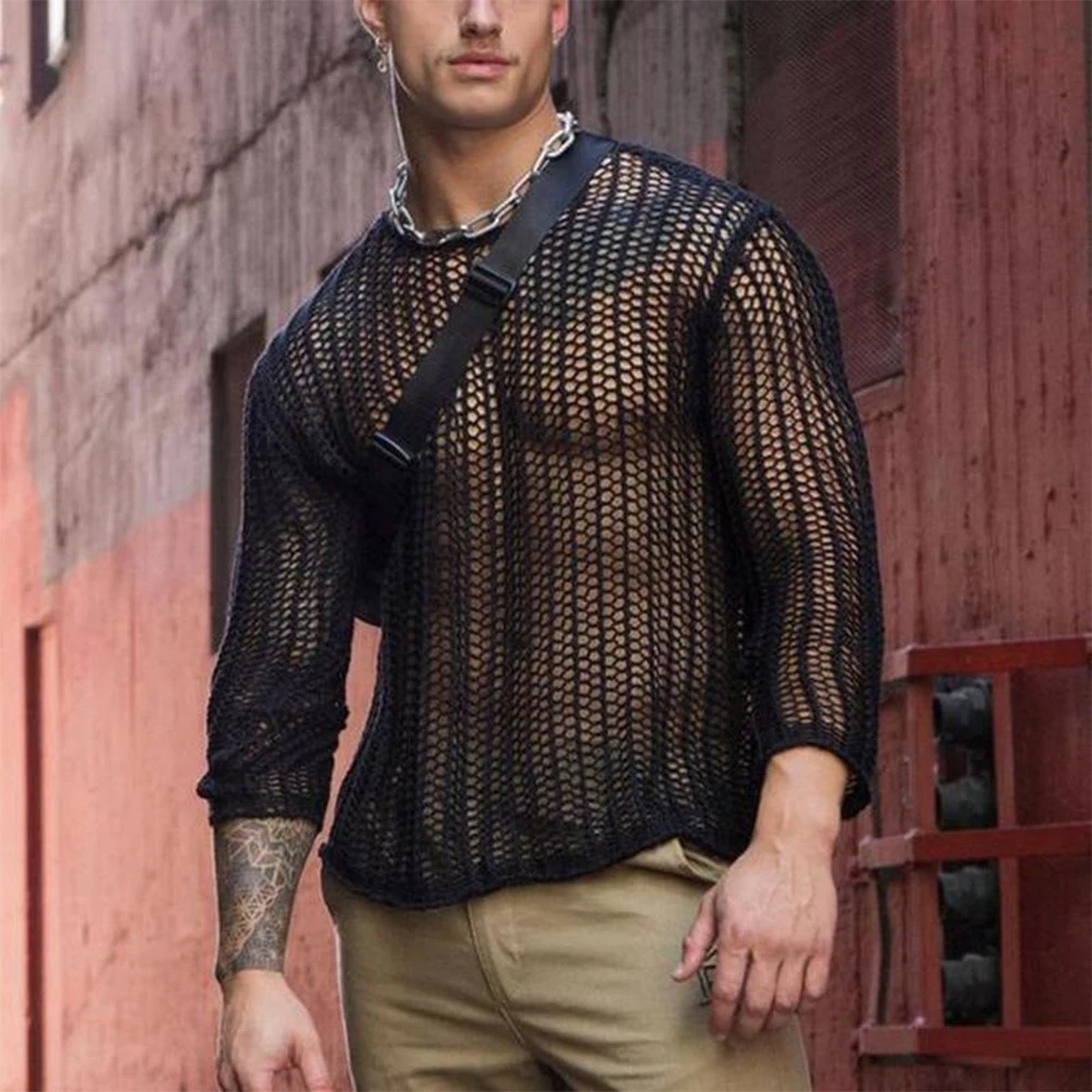 Personalized Mens Long Sleeve Hollow Out Knit Shirts See Through Muscle Clubwear High Quality Male Blouse Tops 2023