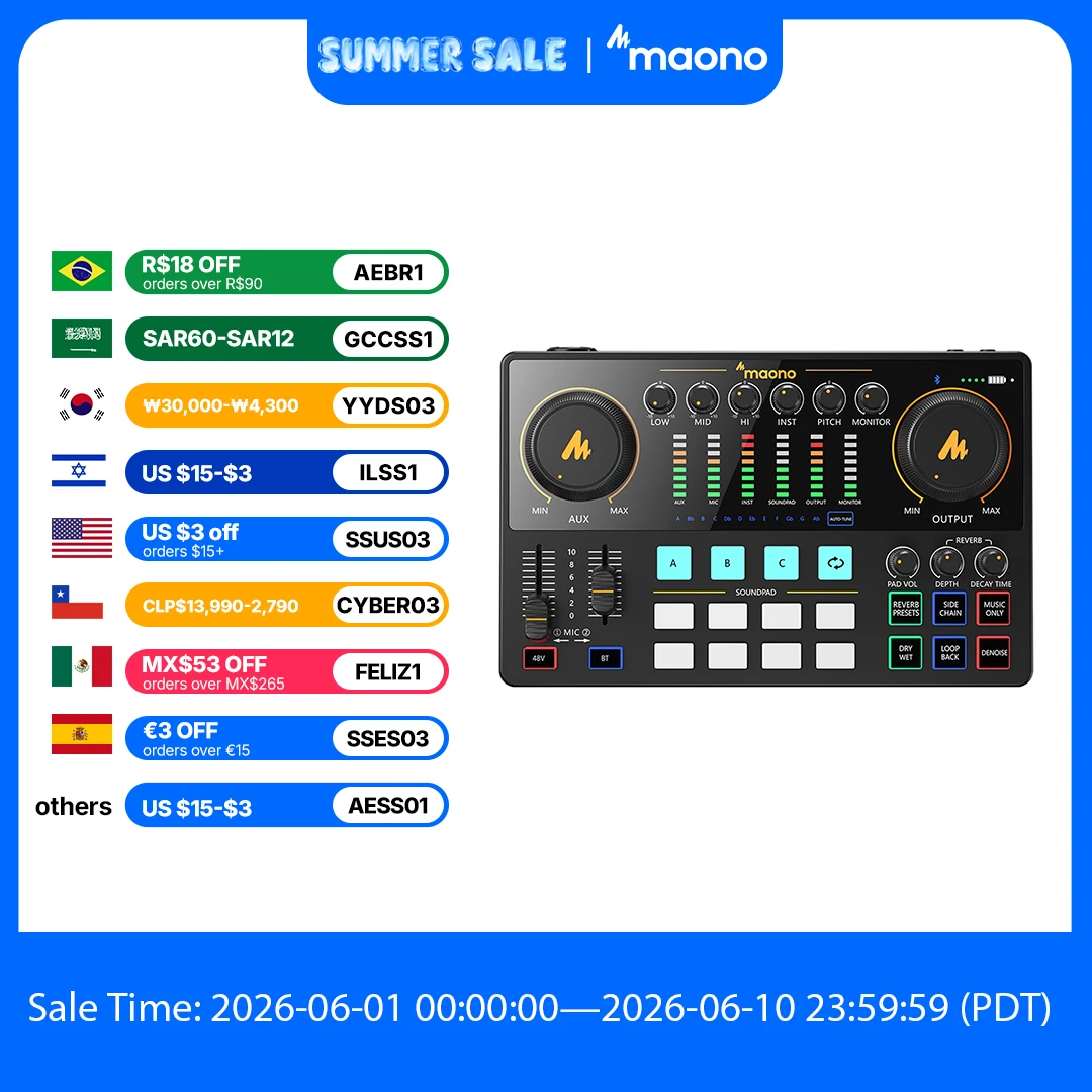 

maono AME2 Audio Interface Sound Card DJ Mixer All in One Portable Podcast Studio for Recording,Live Streaming,Youtube,Guitar,PC