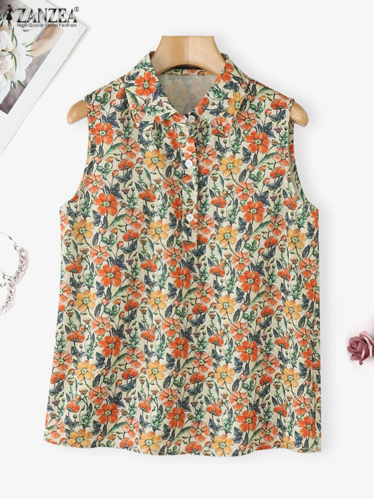 

ZANZEA Bohemian Floral Printed Shirts Women Tank Tops 2025 Summer Lapel Vintage Top Tunic Casual Buttons Sleeveless Tees Blusas