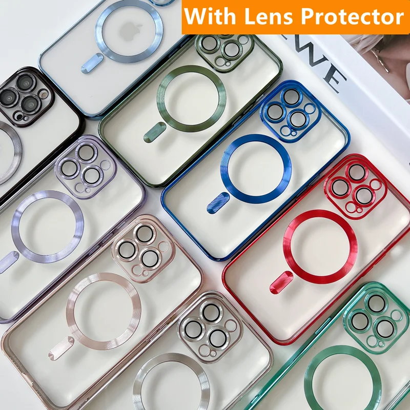 Funda con protector de lente y placa magnética para iPhone 11 12 13 14 15 Pro Max Plus, silicona con carga inalámbrica 6