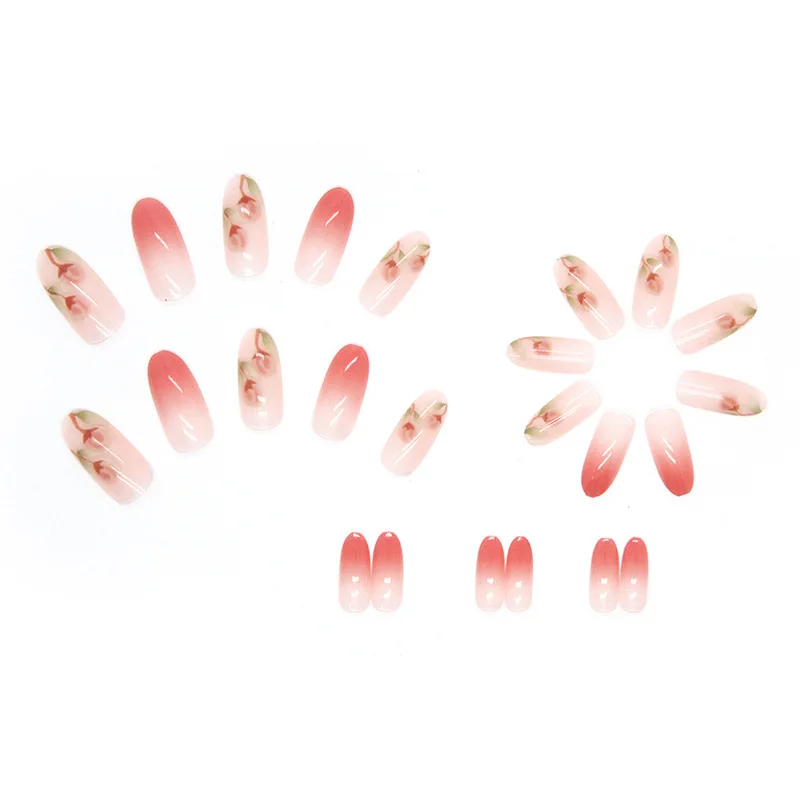 Flor de gradiente rosa Oval Unhas postiças, Pressione unhas acrílicas, Cheap coreano doce dicas de unhas falsas, Verão amêndoa dedo unhas dicas, 24pcs