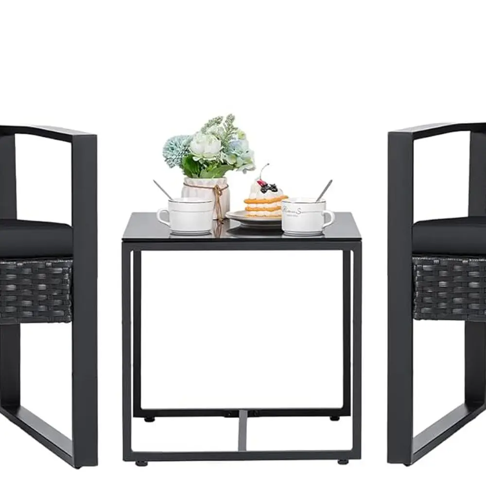 

3-х предметный набор плетеной мебели для патио, современные наборы стульев из ротанга для бесед с журнальным столиком для двора и бистро (черный)