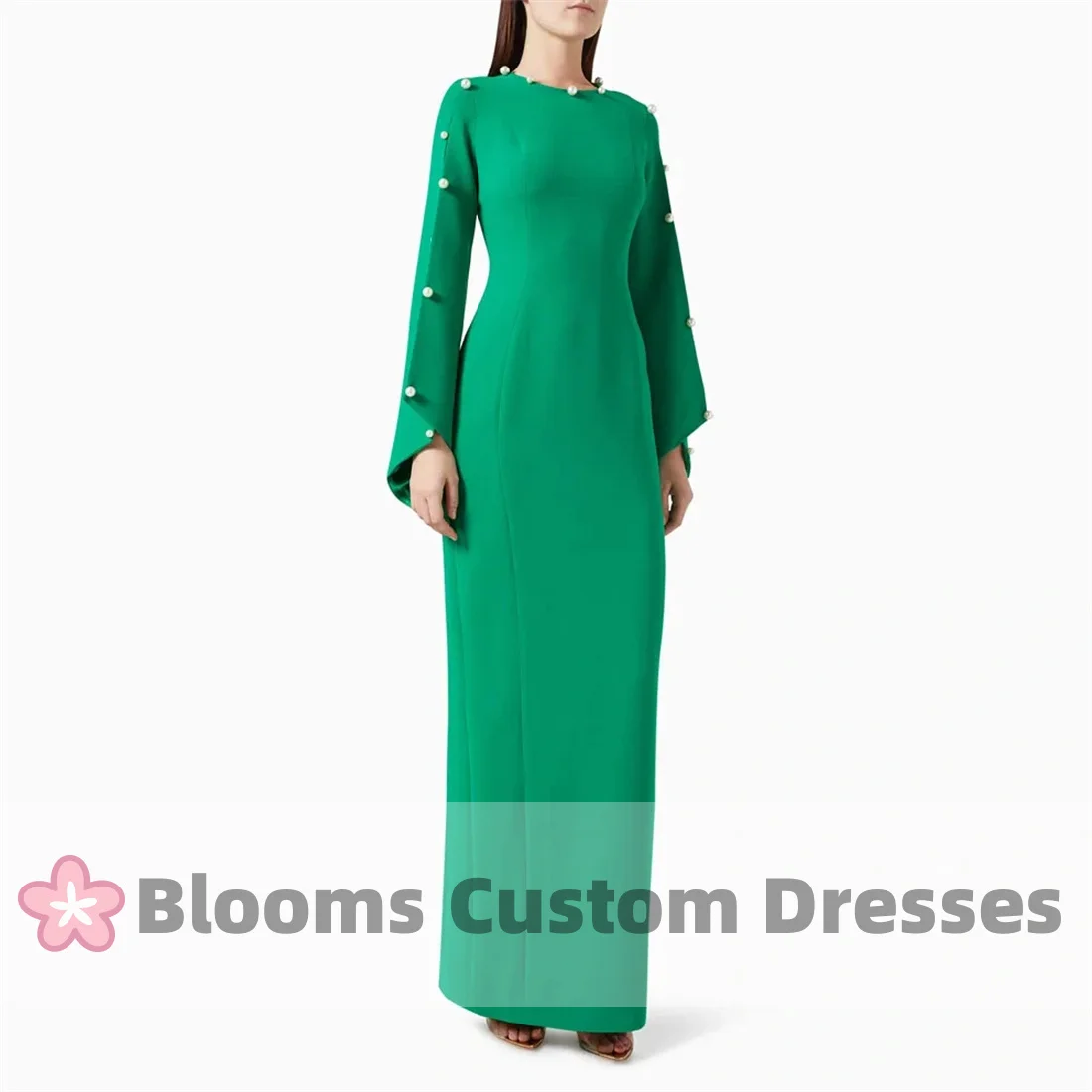 

Blooms Simple Green O-Neck Crepe Prom Dress 2024 With Pearls Bell Sleeves Formal Ocassion Gown Back Slit Elegant Evening Dress