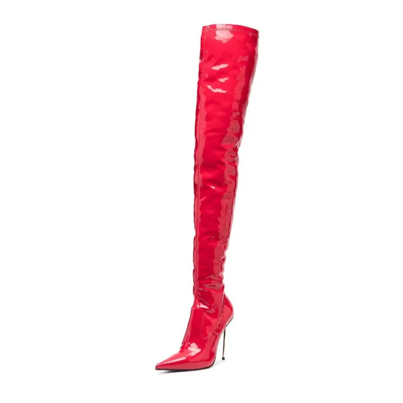 Arden Furtado 2024 Patent Leather Thin heels Over The Knee Boots Pointed Toe Sexy Super high heel side zipper Modern boots 41 42