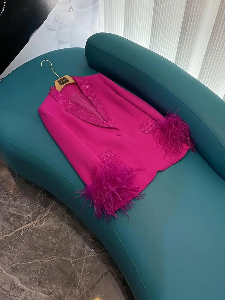 

Ostrich Feather Suit Jaet with Embellied Collar True Feather Drill A325 New 2025 Commute Sle Women's Coat