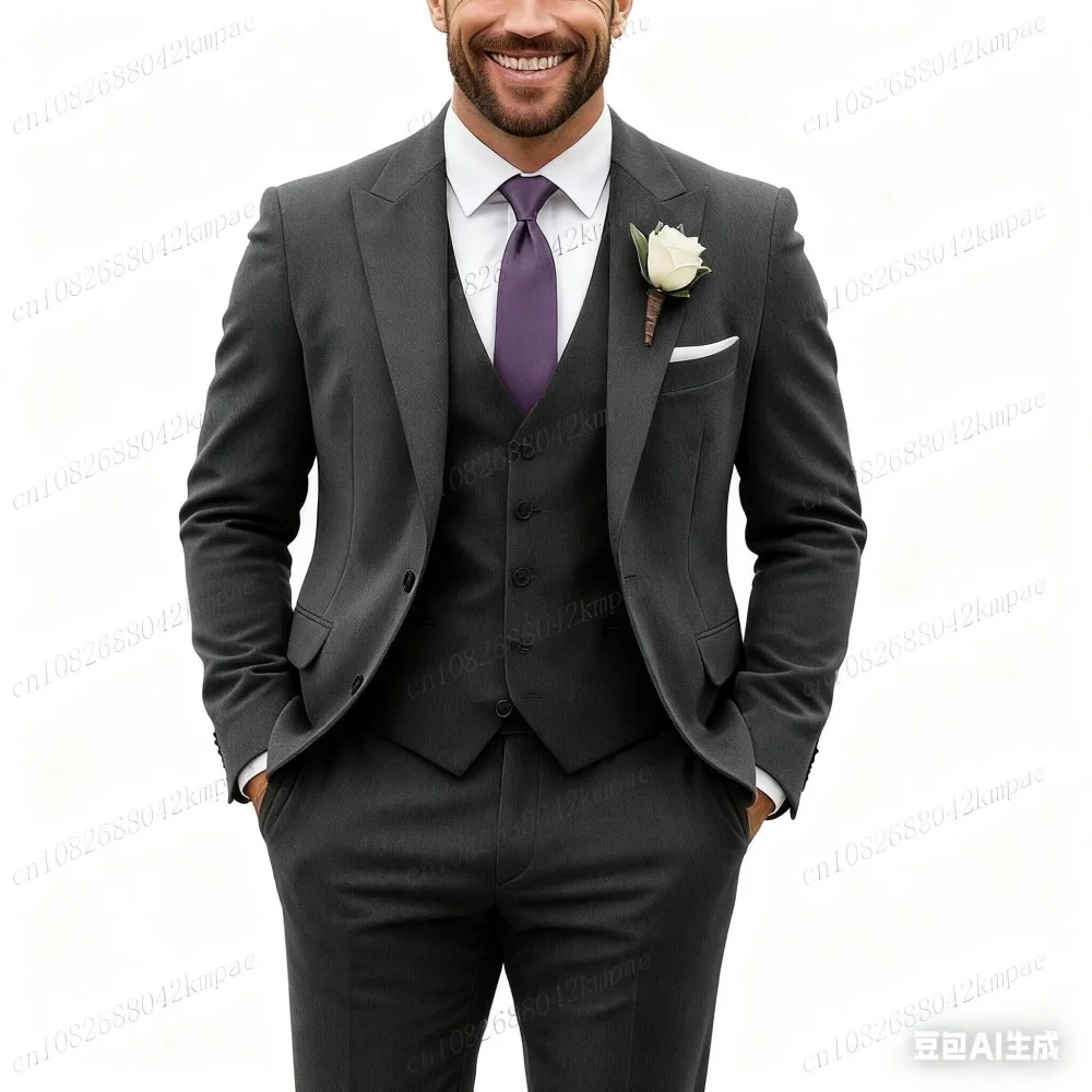 Мужской формальный фиолетовый бархатный смокинг, костюм из трех предметов, черный свадебный костюм для жениха, шафер, церемония, вечерние бальные халаты для бизнеса