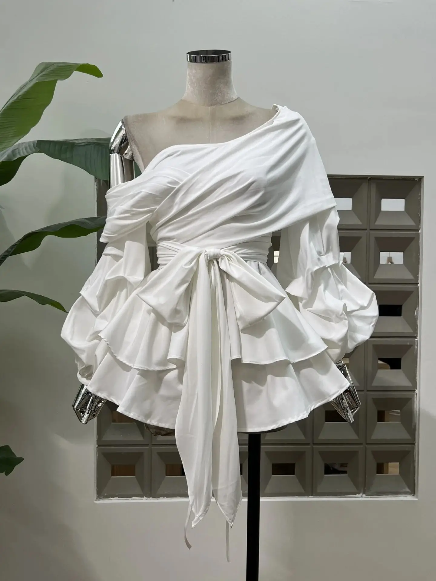 

Women's Set Resort Asymmetric Off-Shoulder Crop-Top Mini-Skirt Two-Piece Irregular Bow-Waist Puff-Sleeve 2025 Party Evening Gown