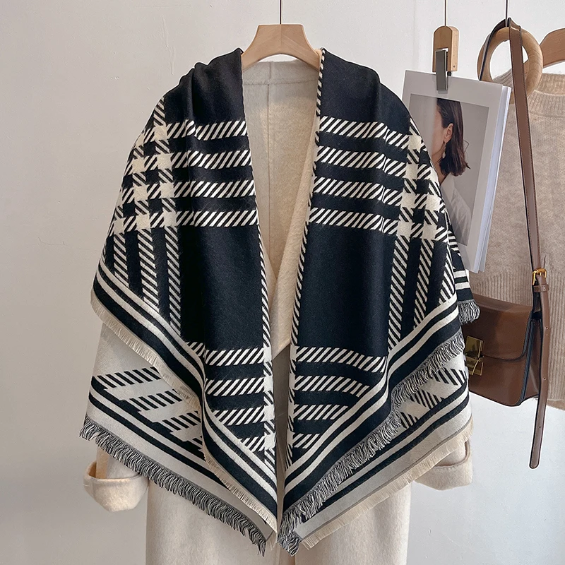 

Женский кашемировый зимний шарф люксового бренда 2025 года — шаль с винтажным принтом, кисточками, накидкой из пашмины и бандажное пончо