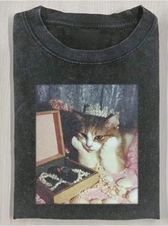 Vintage Washed Cat Princess Grafik-T-Shirt, Niedliches Retro-Katzen-T-Shirt mit Krone, Oversized Kurzarm, Streetwear Unisex Casual Top – Detail 1