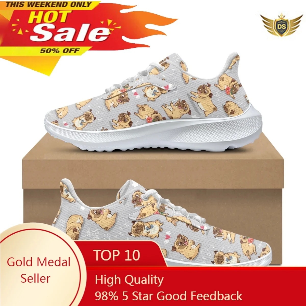 

Cute Cartoon Pug Print Sneakers For Ladies New Outdoor Sports Running Shoes Classic Lace Up Wear-resistant Work Training Shoes