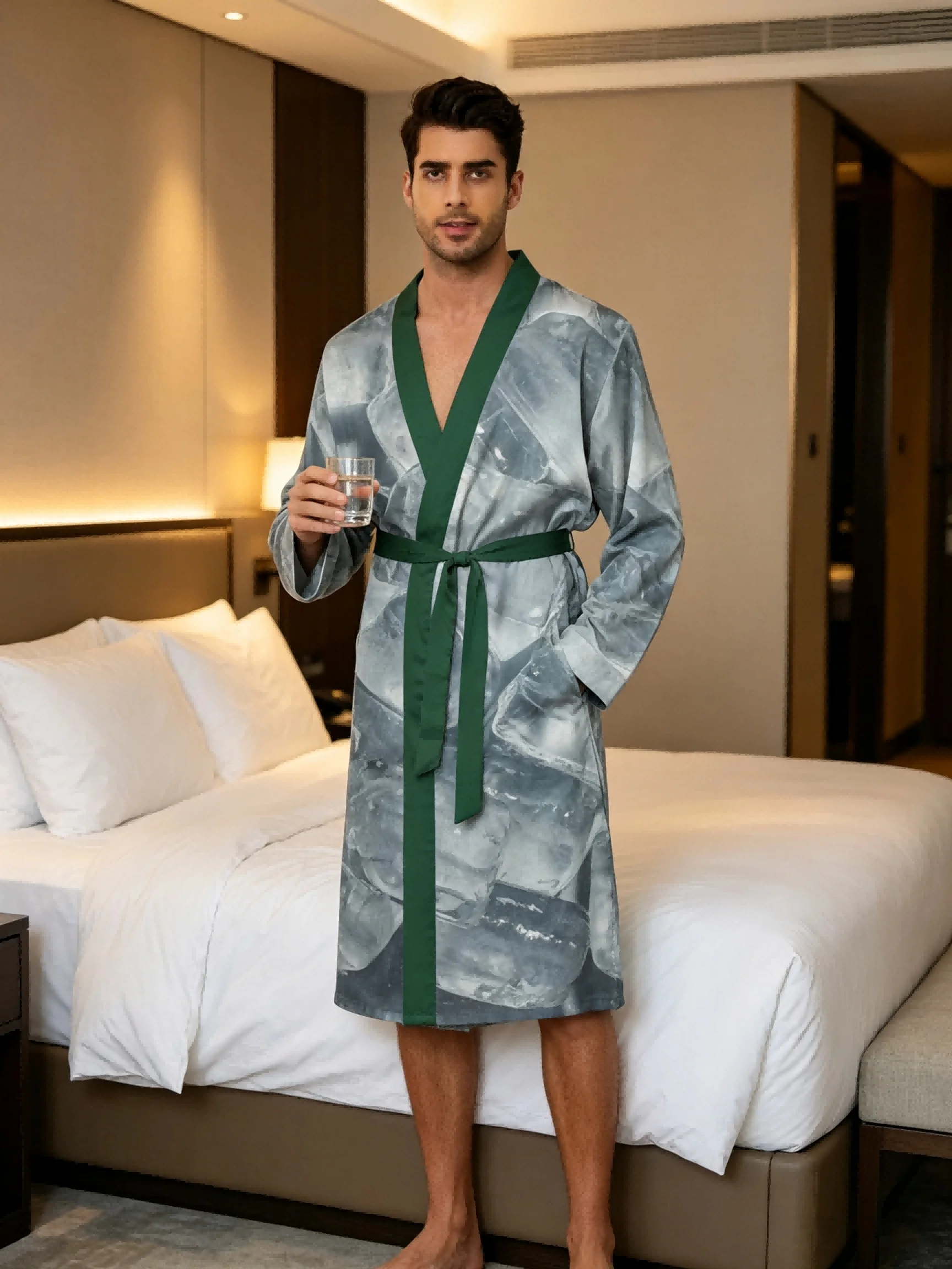 Men's lightweight quick-drying pajama bathrobe - 3D digital printing, non-fading design, stand-up collar and adjustable waistban